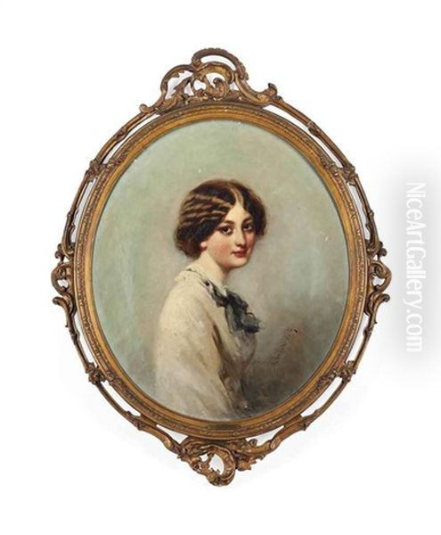 Portrait Of A Young Lady, Half-length, Seated, In A White Dress Oil Painting by Richard Buckner