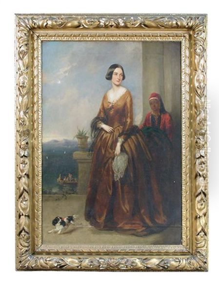 Portrait Of Miss Frances Blagrave, Later Mrs Charles Digby (1809-1849), On A Terrace In An Italian Landscape, With Her Eastern Maid And A Papillon... Oil Painting by Richard Buckner