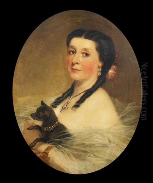 Portrait Of Amelia Duff Holding A Chihuahua Oil Painting by Richard Buckner