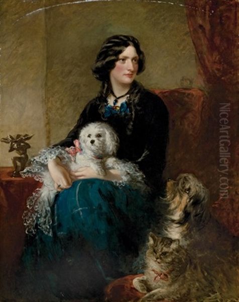 Portrait De Lady Alfred Paget Avec Son Chien Maltais Sur Les Genoux Oil Painting by Richard Buckner