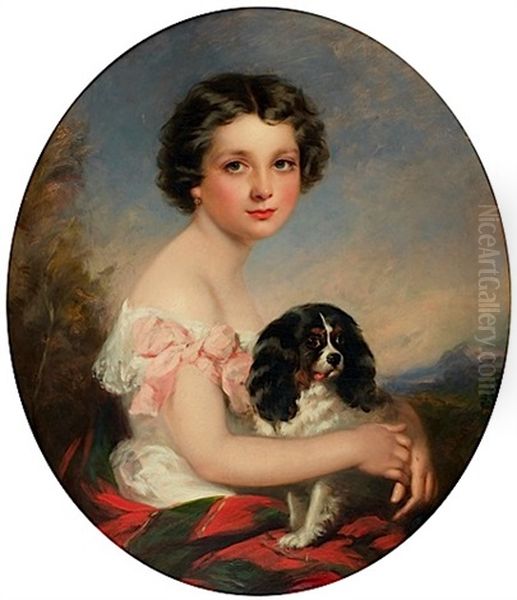 Portrait De Jeune Fille Avec Son Cavalier King Charles Oil Painting by Richard Buckner