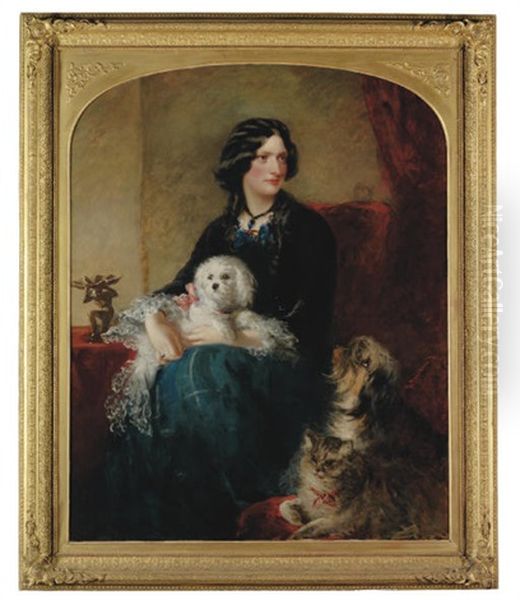 Portrait Of Lady Alfred Paget, With A Maltese Dog On Her Lap Oil Painting by Richard Buckner