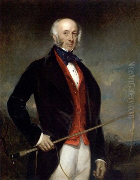 Portrait Of Sir Charles Morgan Robinson Morgan, 1st Baron Tredegar, In A Black Coat And Red Waistcoat, Holding A Riding Crop, In A Landscape Oil Painting by Richard Buckner