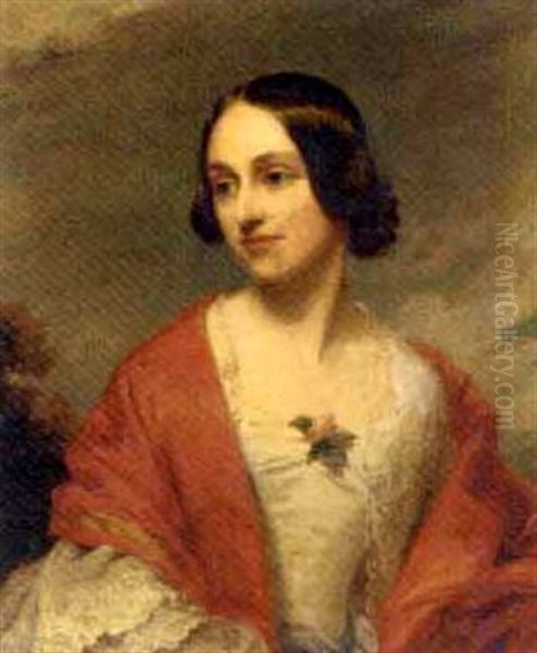 Portrait Of A Lady Wearing A White Dress With Trim And A Red Wrap, With Trees Beyond Oil Painting by Richard Buckner