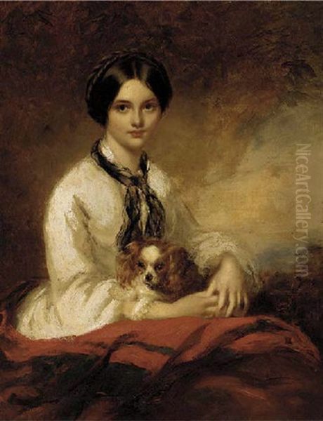 Portrait Of Lady Fletcher In A White Blouse With A Spaniel In Her Arms Oil Painting by Richard Buckner