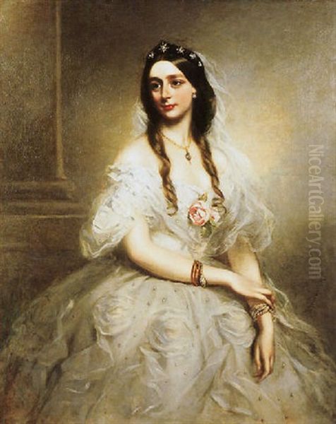 Portrait Of Mrs. C. W. Stoughton Wearing A White Dress Oil Painting by Richard Buckner