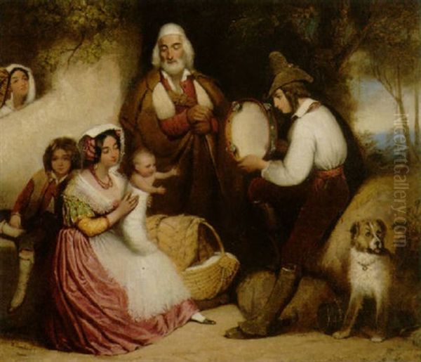 Familie Mit Einem Musikanten Und Hund Oil Painting by Richard Buckner