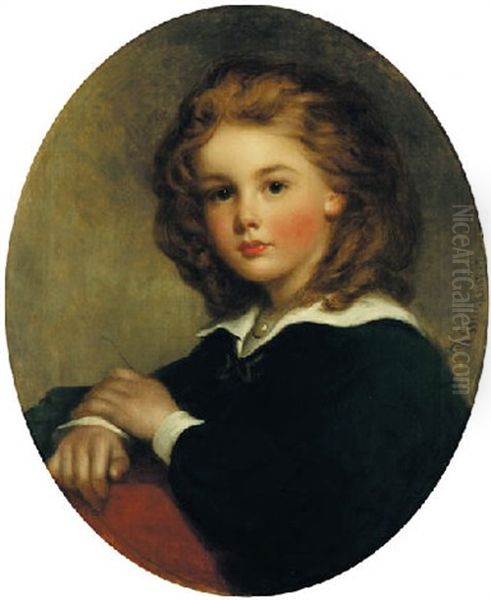 Portrait Of A Young Boy In A Blue Shirt With A White Collar Oil Painting by Richard Buckner