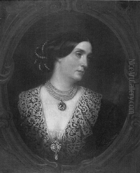 Portrait Of A Victorian Woman Wearing A Pearl Necklace With Pendant by Richard Buckner