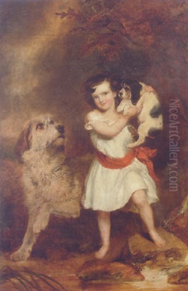 A Young Boy Holding A Puppy With A Dog Beside Him, By A Stream In A Rocky Landscape Oil Painting by Richard Buckner