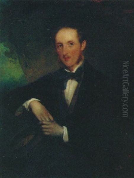 Portrait Of Lieutenant Colonel James Charles Murray Cowell, Wearing A Black Coat And Blue Bow Tie, Holding A Hat Oil Painting by Richard Buckner