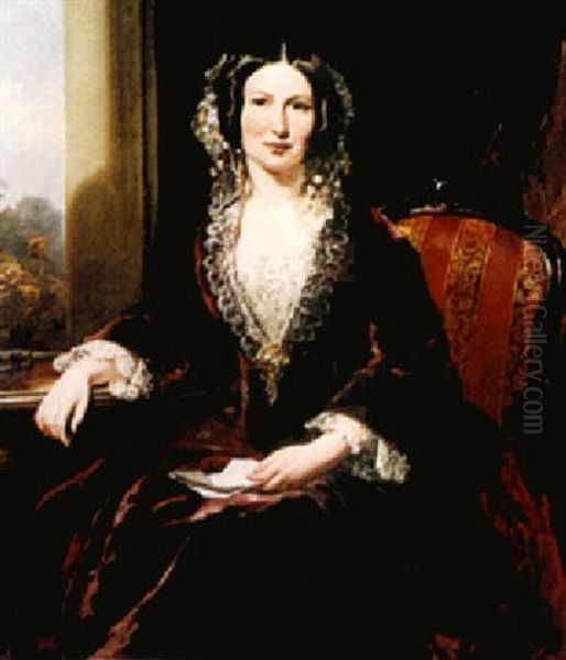 A Portrait Of A Lady Seated On A Chair, Wearing A Burgundy Velvet Dress Trimmed With Lace Oil Painting by Richard Buckner