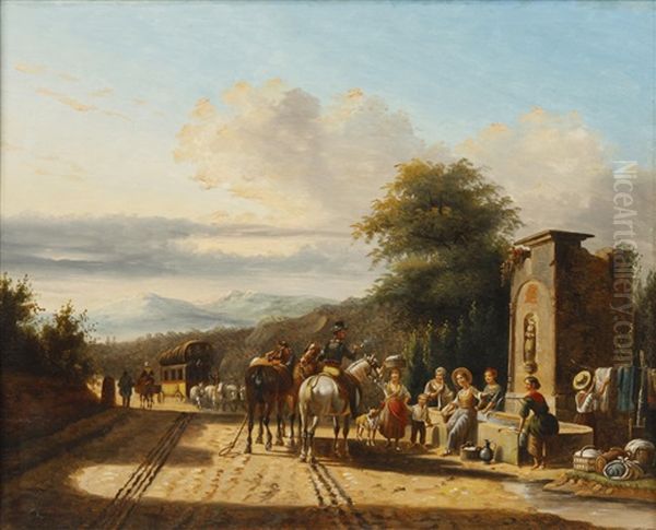 Travellers By The Roadside; Together With A Painting Of A Similar Subject (pair) Oil Painting by Philippe Budelot