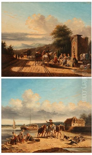 Travelers Receiving Directions From Women At A Well & Figure And Horses Pulling A Boat To Shore (2 Works) Oil Painting by Philippe Budelot