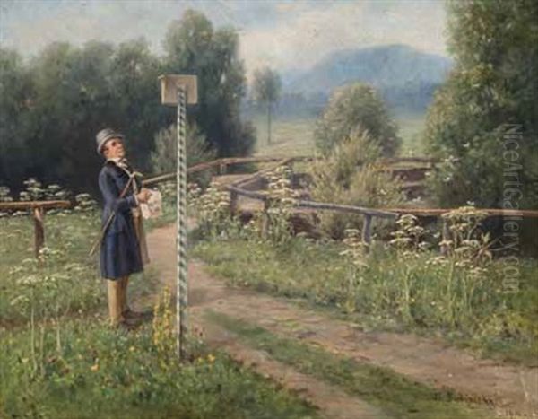 Spazierganger Im Fruhling Vor Einem Wegweiser Oil Painting by Minna Budinszky