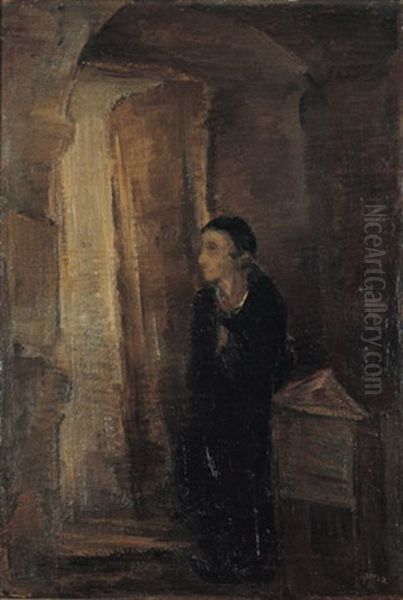 Synagogue's Interior With A Young Boy Oil Painting by Josef Budko