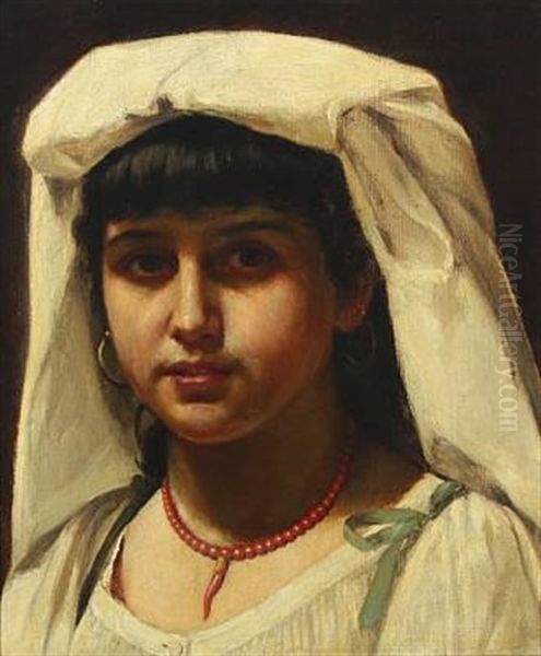 An Italian Woman With A White Headcloth Oil Painting by Gustav Daniel (Yakovlevich) Budkovski