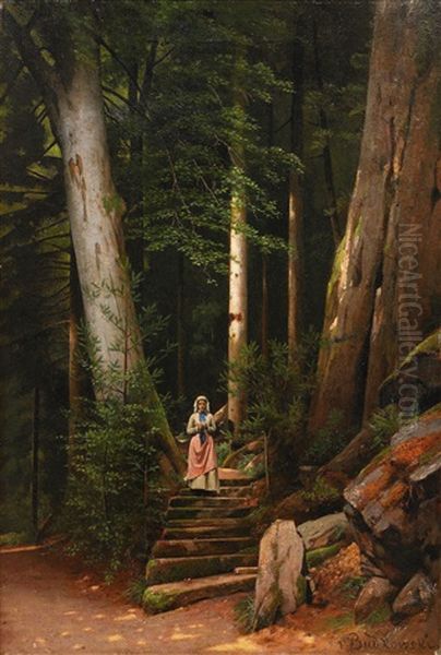 Young Lady In The Forest Oil Painting by Gustav Daniel (Yakovlevich) Budkovski