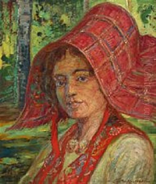 Portrait Of Young Woman In Traditional Sardinian Costume Oil Painting by Carl Budtz-Moller