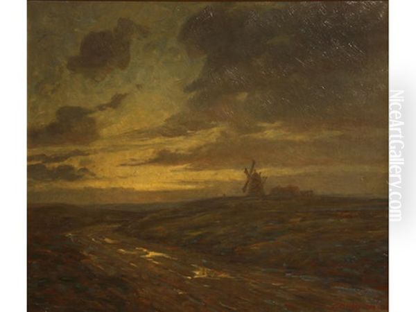 An Evening Landscape With Windmill Oil Painting by Carl Budtz-Moller