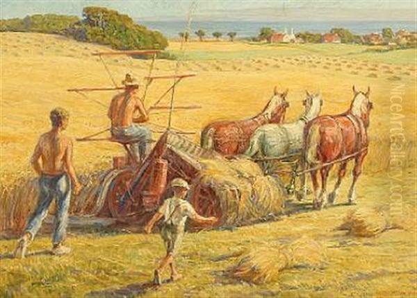 Harvesting With A Reaper-binder Oil Painting by Carl Budtz-Moller