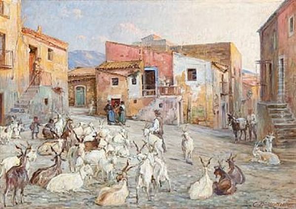 Pladsen I Araberkvarteret I Anticoli, Sicilien. Gederne Samles Til Malkning Oil Painting by Carl Budtz-Moller