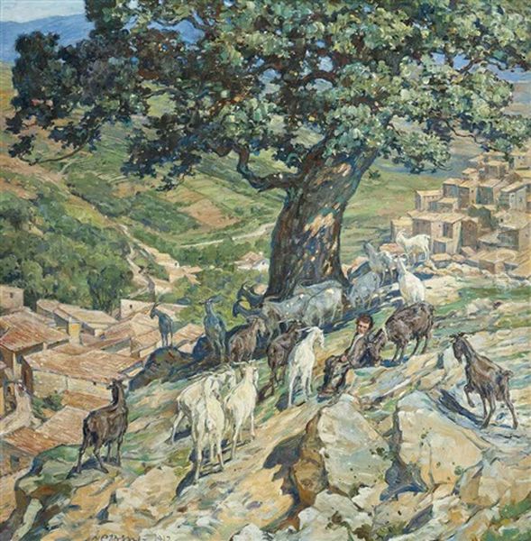 A Boy And His Goats Above Anticoli, Italy Oil Painting by Carl Budtz-Moller