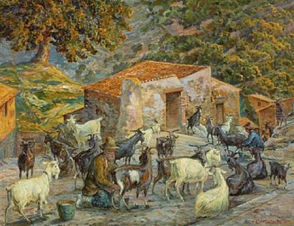 Southern Scenery With A Man Milking Goats Oil Painting by Carl Budtz-Moller