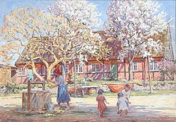 Spring Day In Melsted With Playing Children by Carl Budtz-Moller