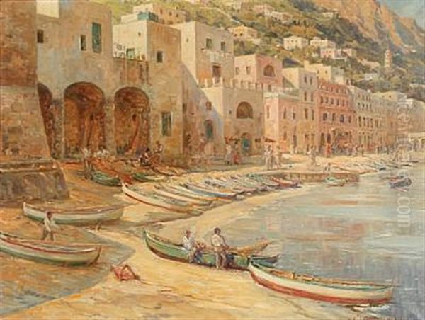 Coastal Scene From Capri With Small Fishing Boats On The Beach Oil Painting by Carl Budtz-Moller