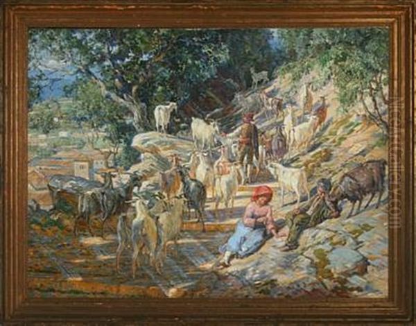 Goats In Stone Oak Grove, Cervano Di Roma, Sabine Mountains Oil Painting by Carl Budtz-Moller