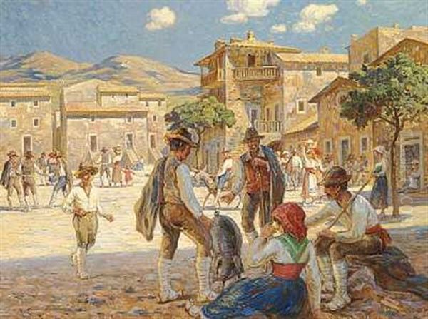 Sohandel Paa Piazza Delle Ville, Anticoli Oil Painting by Carl Budtz-Moller