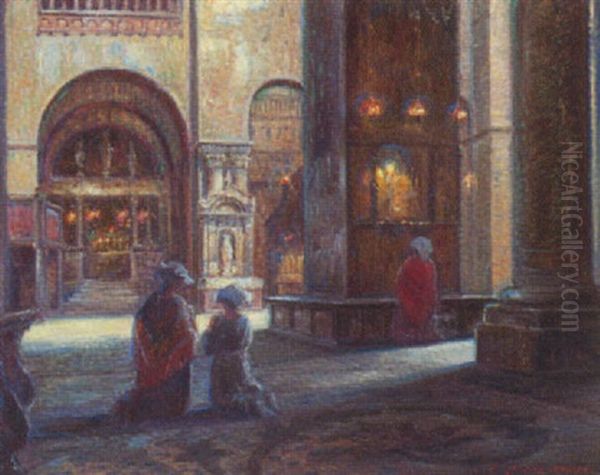 Kirkeinterior Fra San Marco I Venedig Med Knaelende Og Bedende Italienske Kvinder by Carl Budtz-Moller