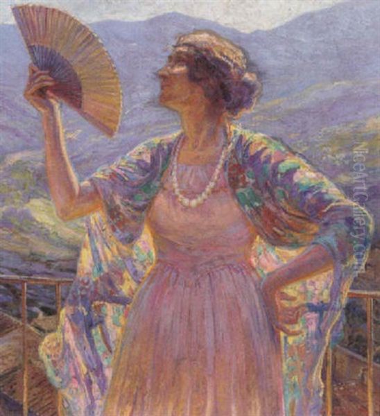 Kunstnerens Hustru Med Vifte Pa En Terrasse, Italien by Carl Budtz-Moller