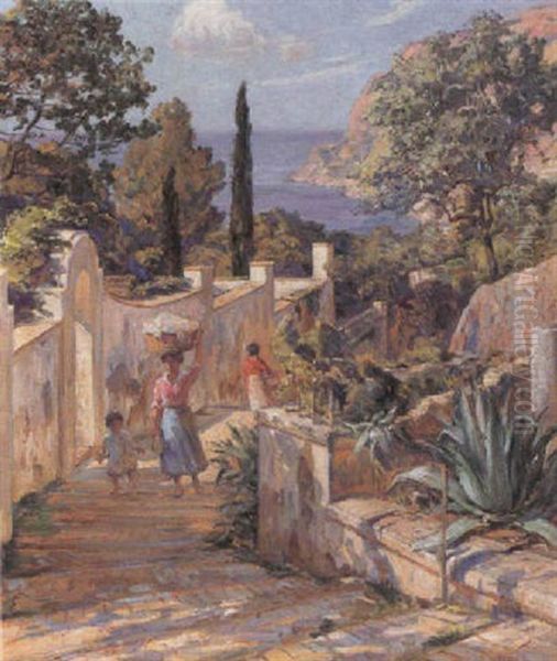 Parti Fra Capri Med Italienerinder Pa En Trappe Oil Painting by Carl Budtz-Moller