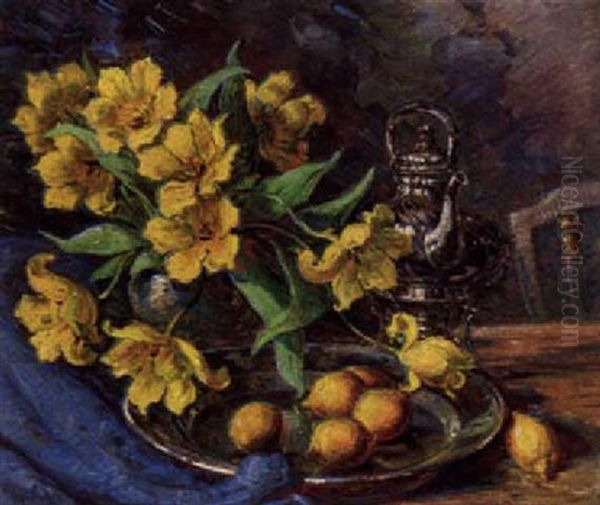 Lemons, Flowers And A Silver Teapot On A Table by Carl Budtz-Moller