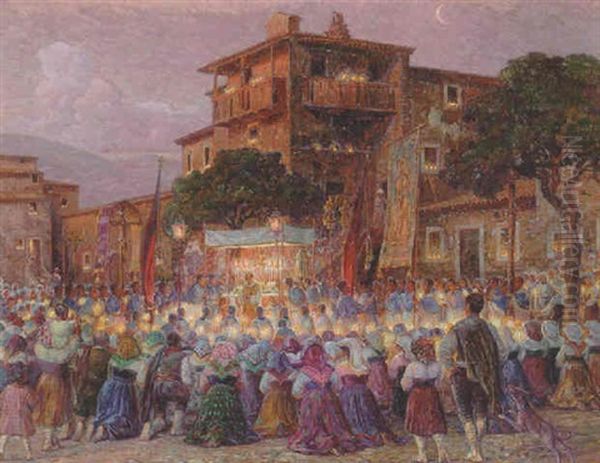 Religios Folkefest I Italien Ved Nattetid Oil Painting by Carl Budtz-Moller