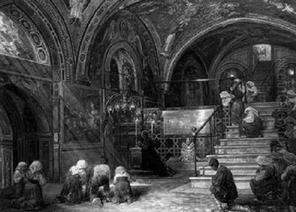 Figures Praying In A Church Interior by Carl Budtz-Moller