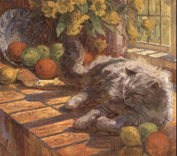 Katze, Fruchte, Blumen Oil Painting by Carl Budtz-Moller