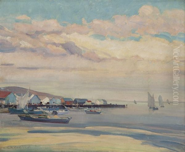 Atmospheric Coastal Fishing Town Oil Painting by Karl Albert Buehr