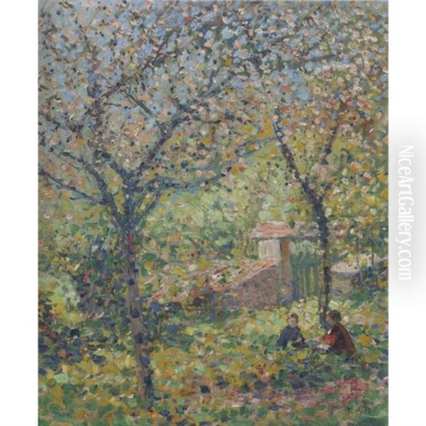 The Artist's Children, Kathleen And George, In The Garden, Giverny Oil Painting by Karl Albert Buehr