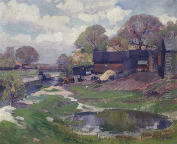 A Small Town Beside A River Oil Painting by Karl Albert Buehr