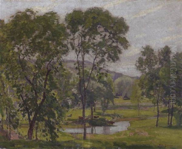 A Spring Landscape With Cows Watering In A Stream by Karl Albert Buehr