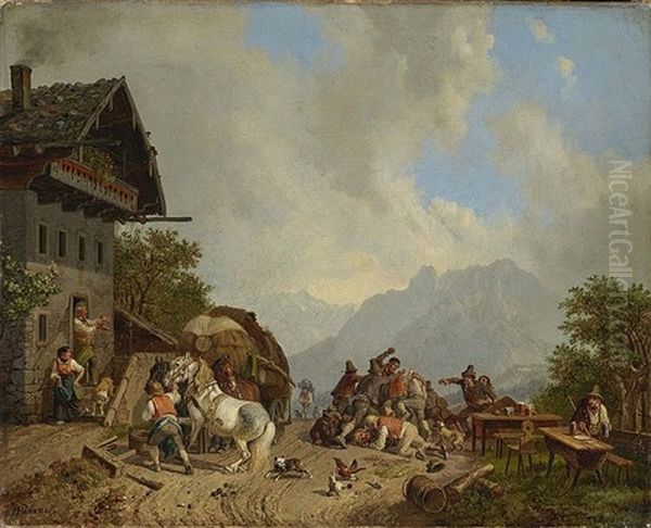 Fight In Front Of An Inn Oil Painting by Heinrich Buerkel