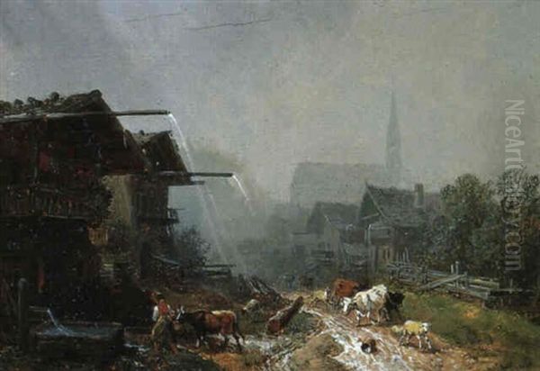 Partenkirchen Im Regen Oil Painting by Heinrich Buerkel