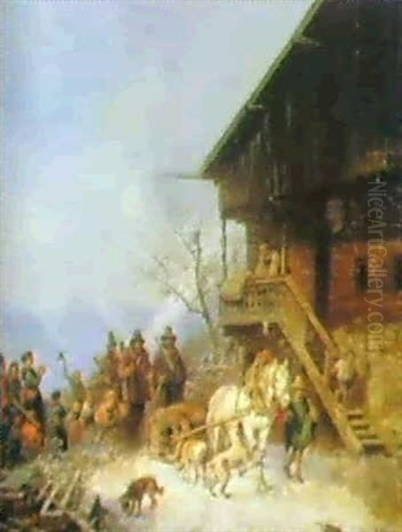 Ruckkehr Von Der Barenjagd Im Winter Oil Painting by Heinrich Buerkel