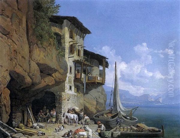 Ankunft Des Frachtschiffes Oil Painting by Heinrich Buerkel