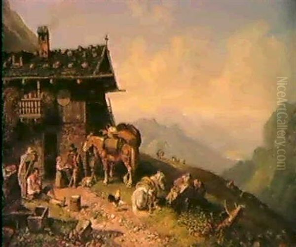 Das Wirtshaus Auf Der Alm Oil Painting by Heinrich Buerkel