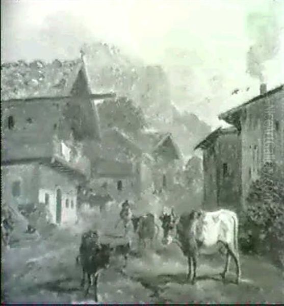 Dorfstrasse Mit Hirten Und Herde Oil Painting by Heinrich Buerkel