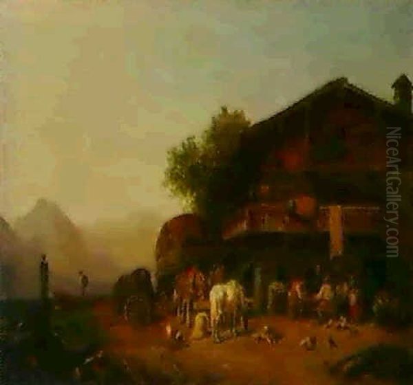 Wirtshaus Im Gebirge, Davor Zechende Bauern, Fuhrwerke Und  Ein Hirte Oil Painting by Heinrich Buerkel